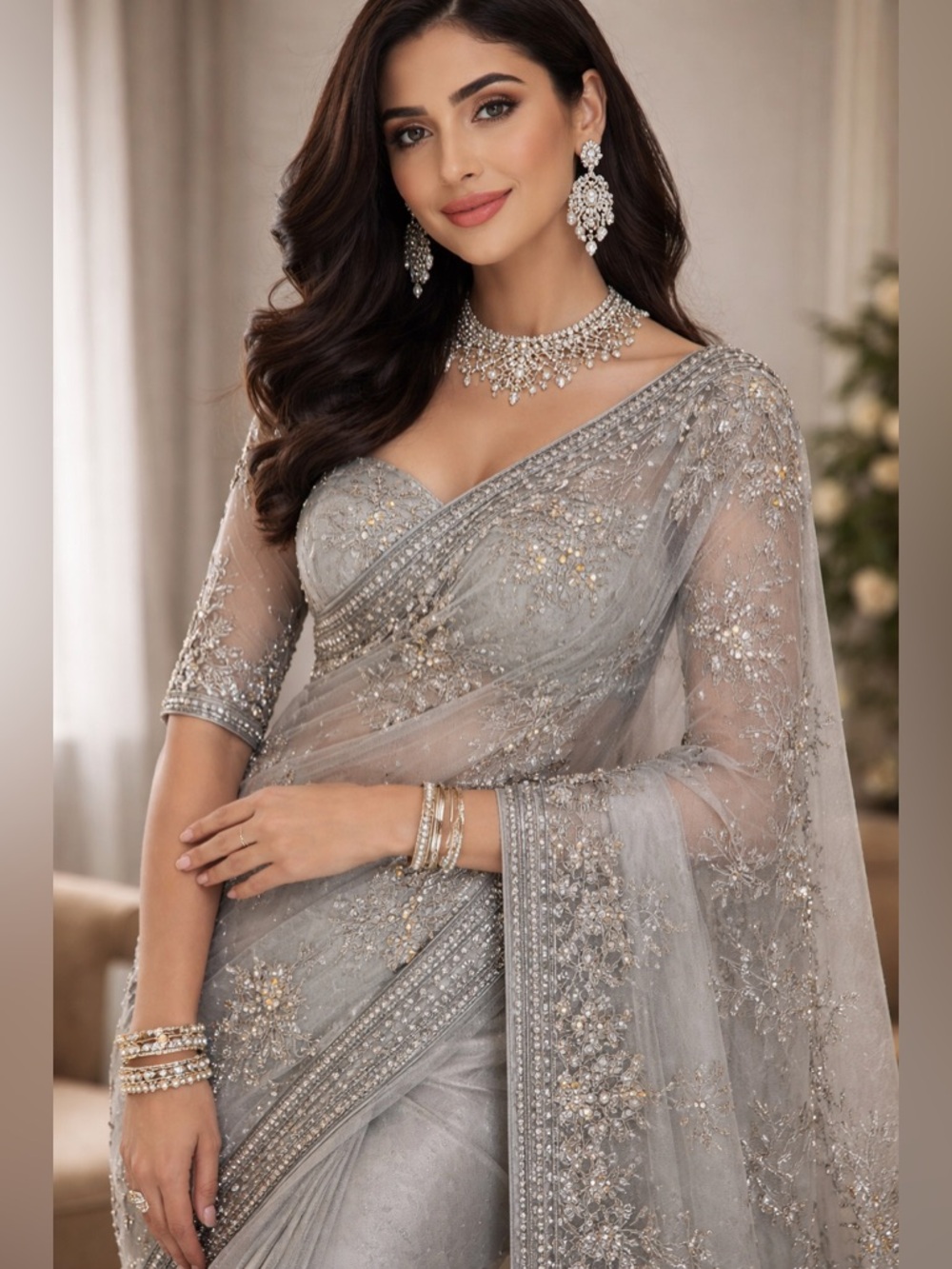 Indian Punjabi Embellished Silver net Beaded with Yellow Gem Accents Saree